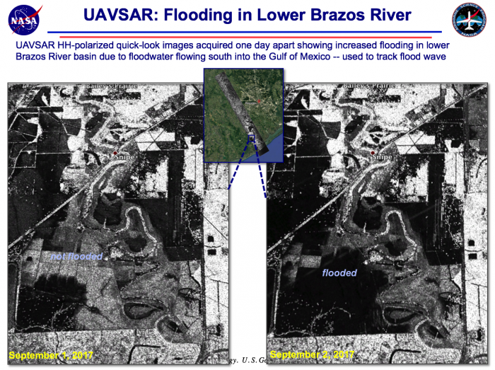 Side by side images depicting the increased flooding in lower Brazos River basin due to floodwater flowing south into the Gulf of Mexico.