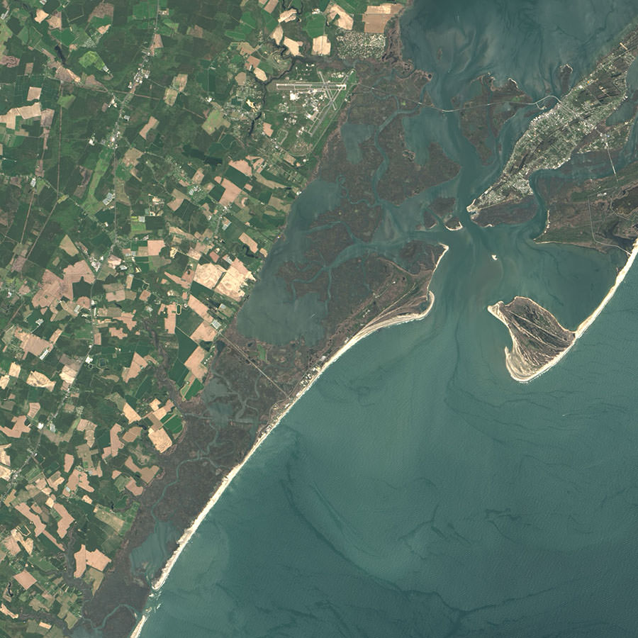 Satellite view of the Barrier beaches near the Wallops Flight Facility and the Mid-Atlantic Regional Spaceport in Virginia.
