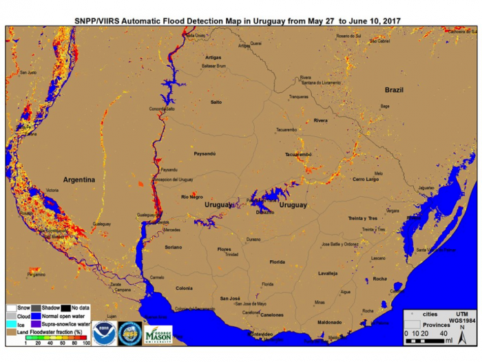 Image of VIIRS Flood Detection Map for 2017 Uruguay Flooding