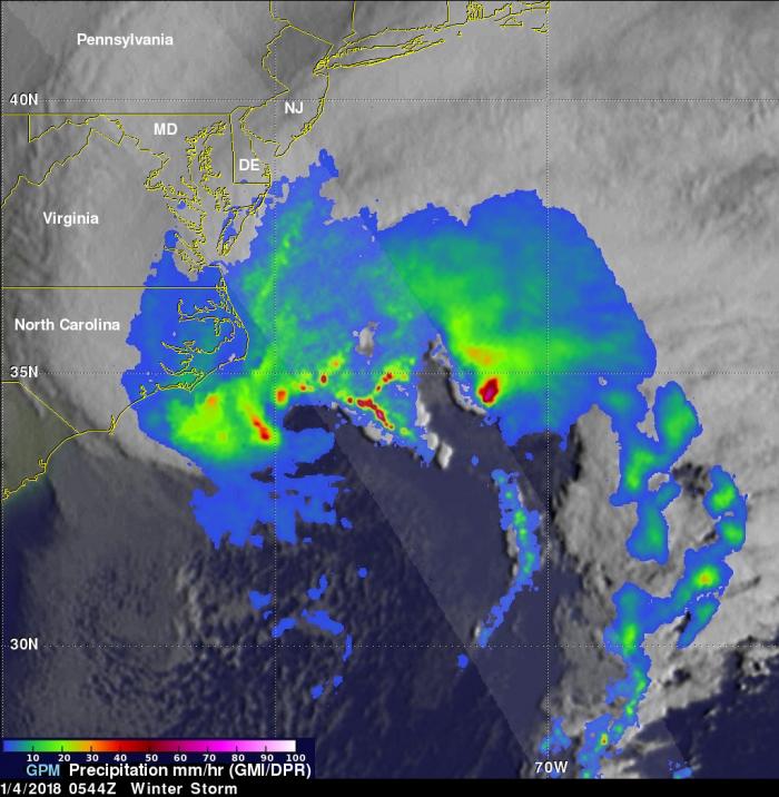 image of GPM of storm passing off Cape Hatteras, North Carolina.