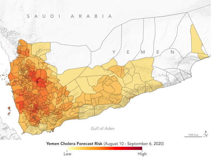 : A color-coded map depicting the prediction of cholera risk in Yemen from August 10 to September 6, 2020, ranging from high risk in red to low risk in yellow.