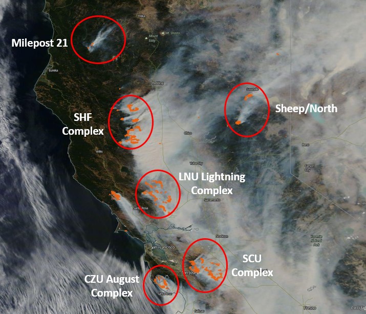Active fires and smoke in California from MISR, August 2020