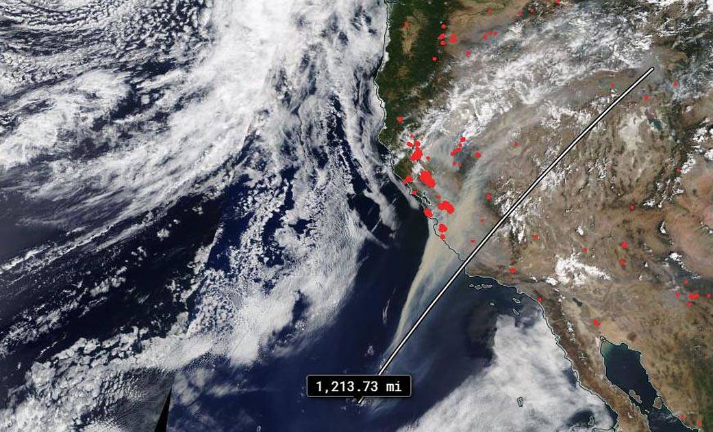 NASA’s Terra satellite captured this imagery showing smoke from the California fires covering a region approximately 1,214 miles wide on August 20th, 2020. 