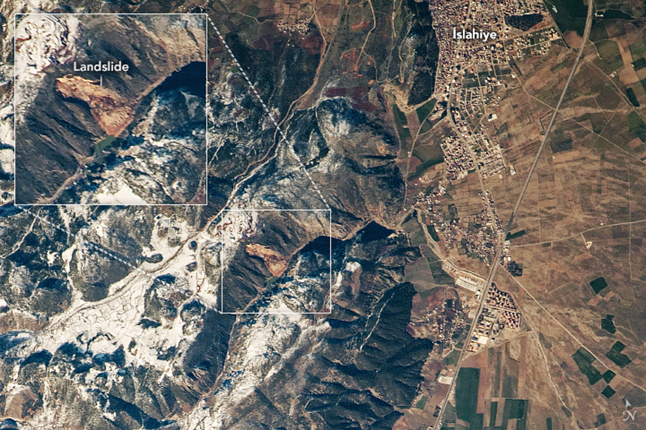Astronauts onboard the International Space Station (ISS) took high resolution photographs of the region to aid risk assessment, including this photograph of a landslide in a canyon near İslahiye, a town in Gaziantep Province in southeastern Türkiye where large numbers of homes were damaged or destroyed. Credits: NASA Earth Observatory, ISS Crew Earth Observations Facility and the Earth Science and Remote Sensing Unit, NASA Johnson Space Center.