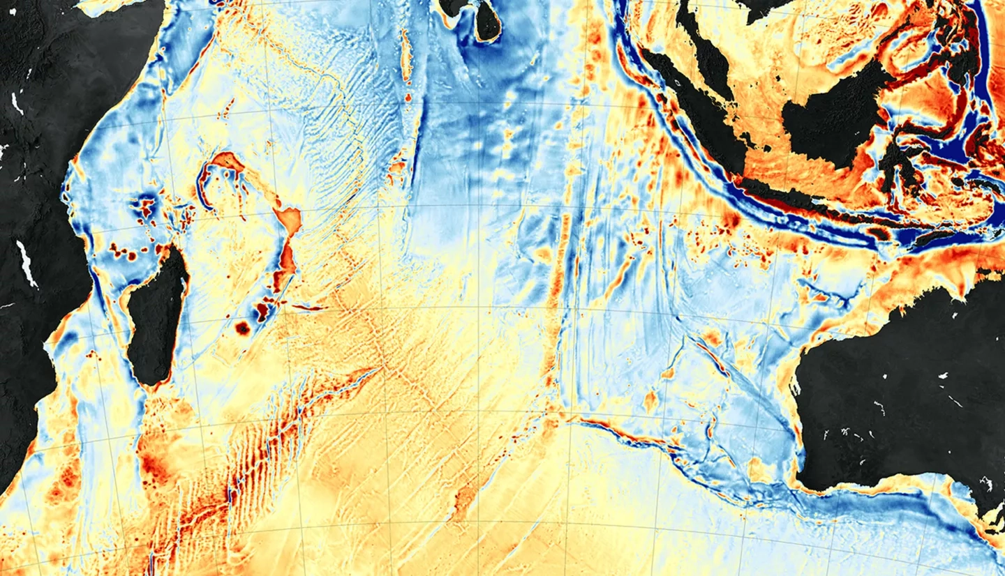 Map of the shape of the seafloor and its gravity field created through computer analysis and modeling of new satellite data from the European Space Agency’s CryoSat-2 and from the NASA-CNES Jason-1