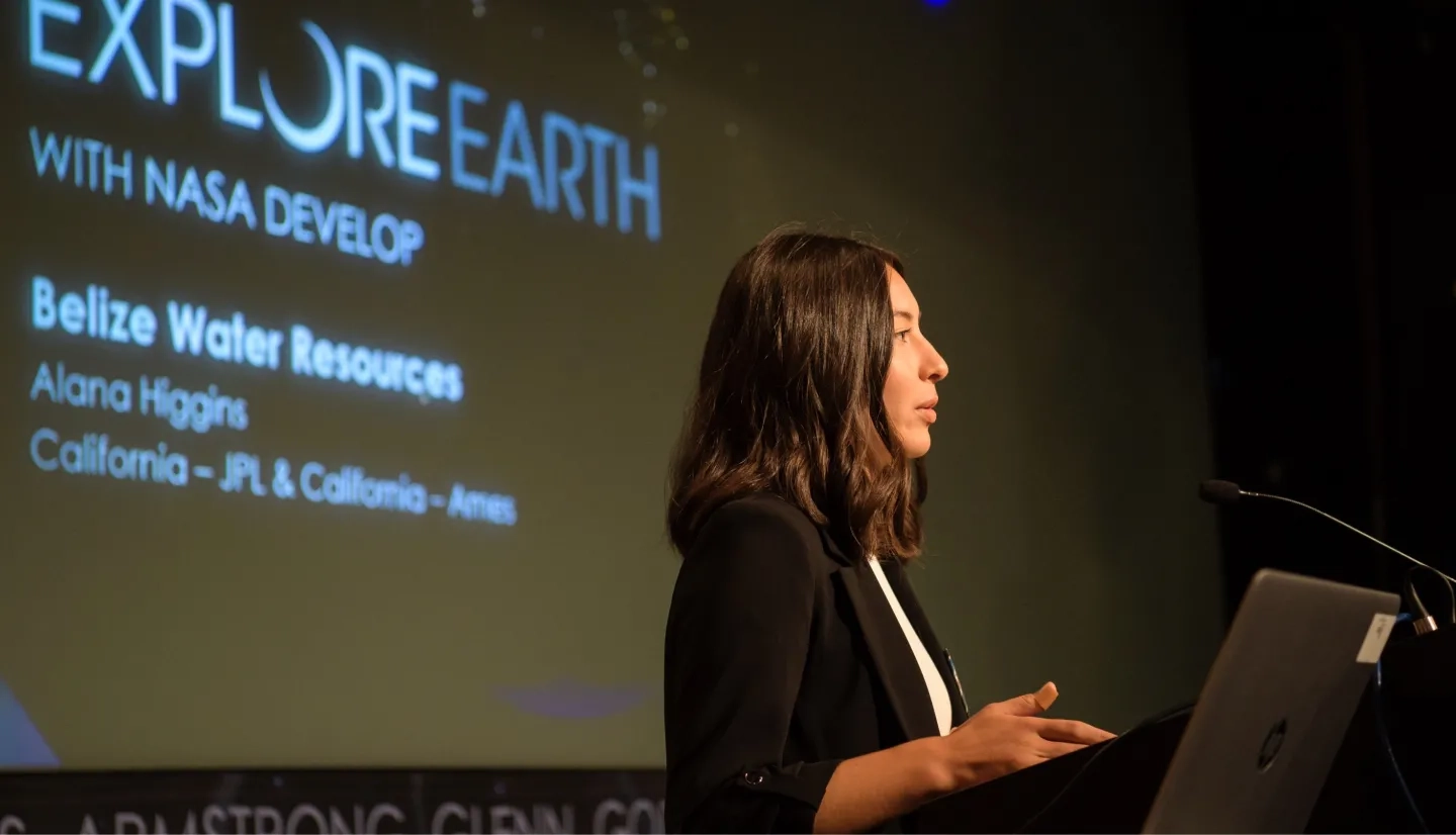 Alana Higgins speaks about water resources in Belize during the 2019 Annual Earth Science Applications Showcase