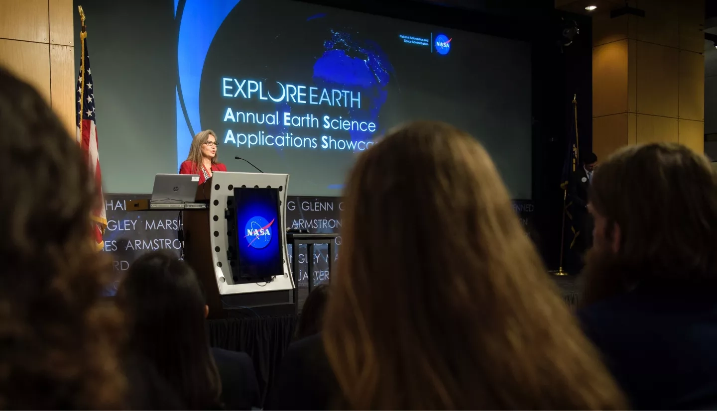 Sandra Cauffman, acting Director of the Earth Sciences Division of the Science Mission Directorate at NASA Headquarters, speaks during the 2019 Annual Earth Science Applications Showcase