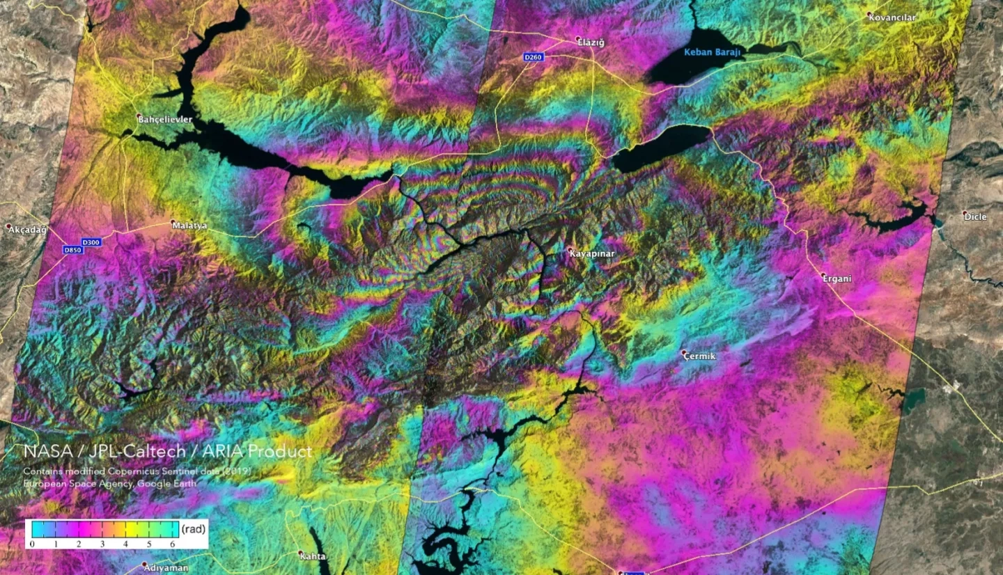 Sentinel-1 interferogram showing ground movement from the January 24th, 2020 earthquake in Turkey. Credit: NASA Disasters Program, Copyright contains modified Copernicus Sentinel data (2020), processed by ESA