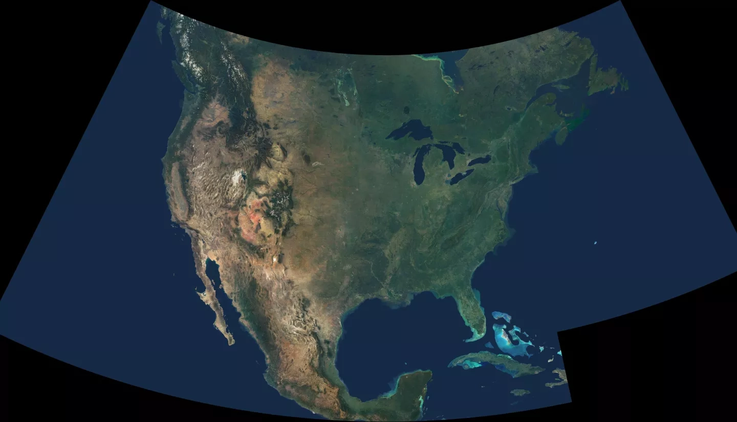 A natural-color image showing cloud-free data from over 500 satellite images of the United States.