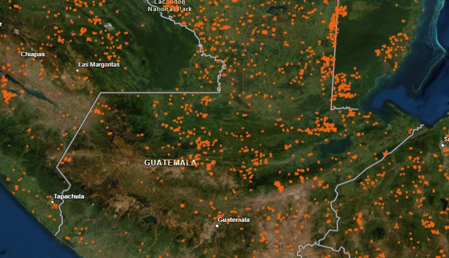 : NASA Fire Information for Resource Management System (FIRMS) map showing fires detected in Guatemala by the Aqua MODIS instrument for the month of April 202