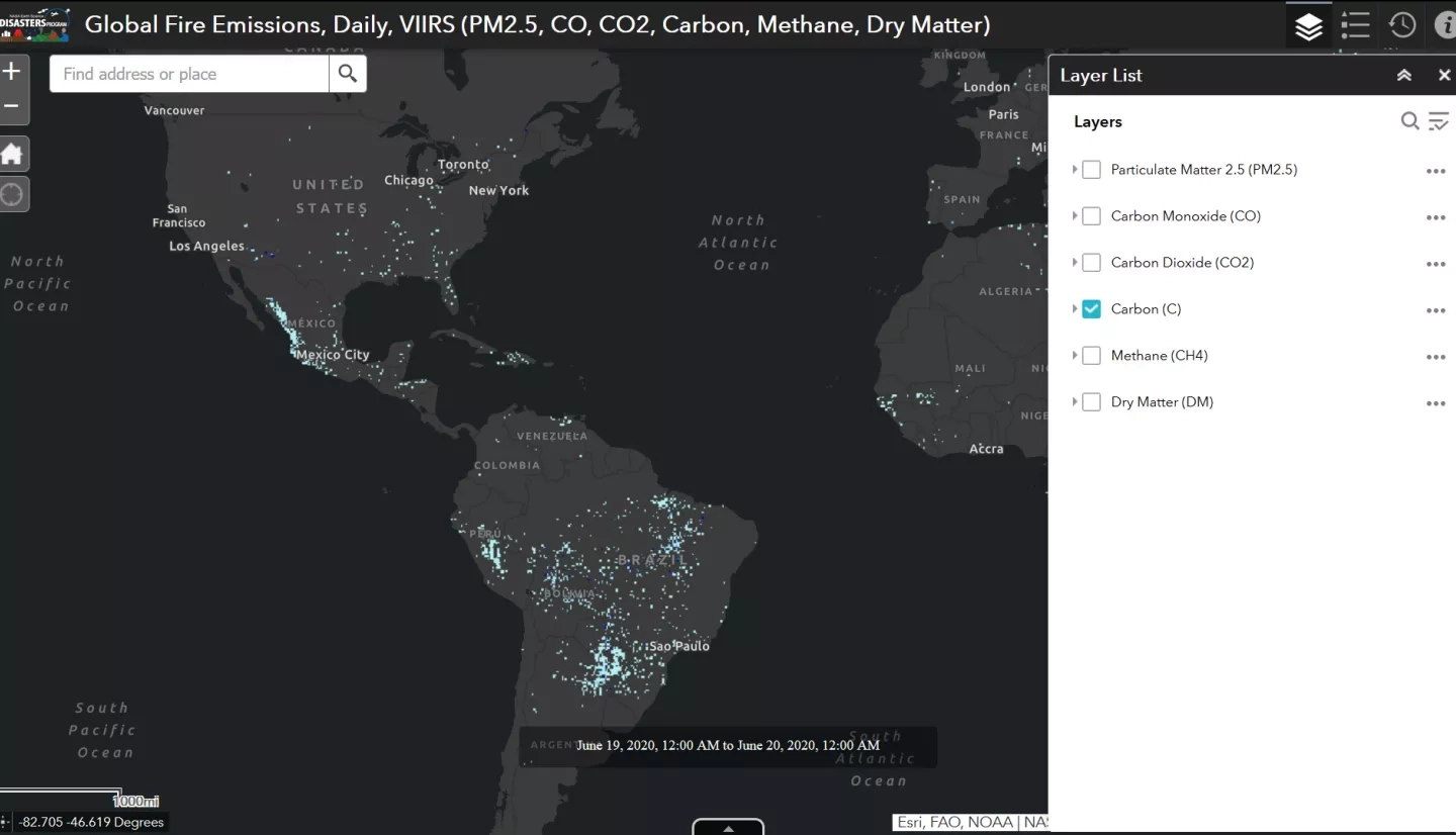 Screenshot of Near real-time fire emissions products from the NASA Disasters Mapping Portal
