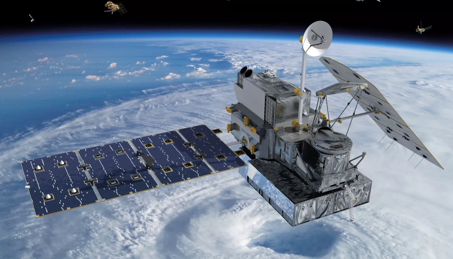 Artists rendition of the GPM satellite over a hurricane