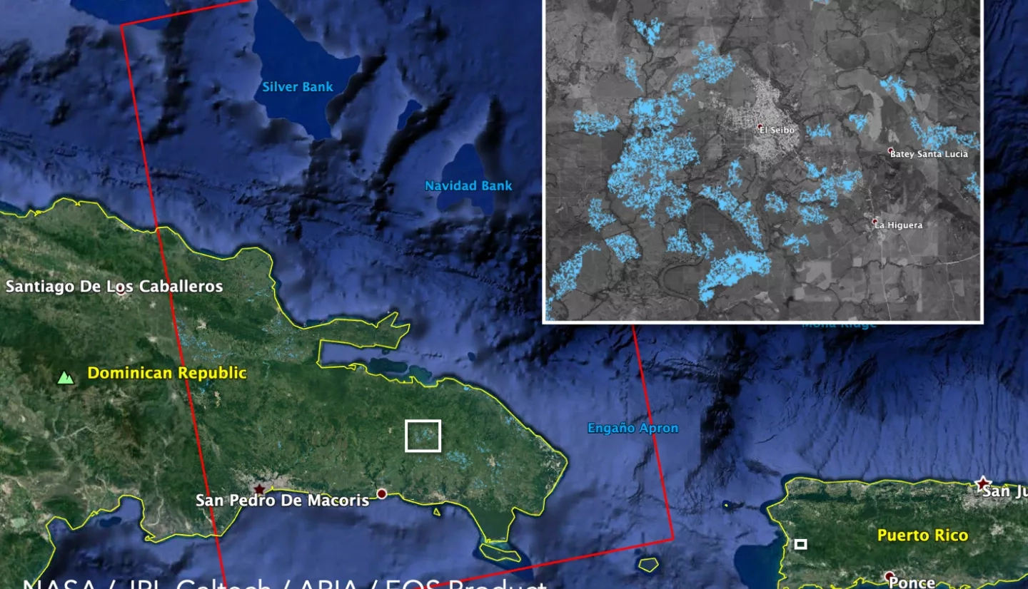 This Flood Proxy Map (FPM) shows areas that are likely flooded in blue across the Dominican Republic. The map was derived from synthetic aperture radar (SAR) data acquired on July 31, 2020 by the Copernicus Sentinel-1 satellites operated by the European Space Agency (ESA). Credits: NASA-JPL/Caltech ARIA Team.