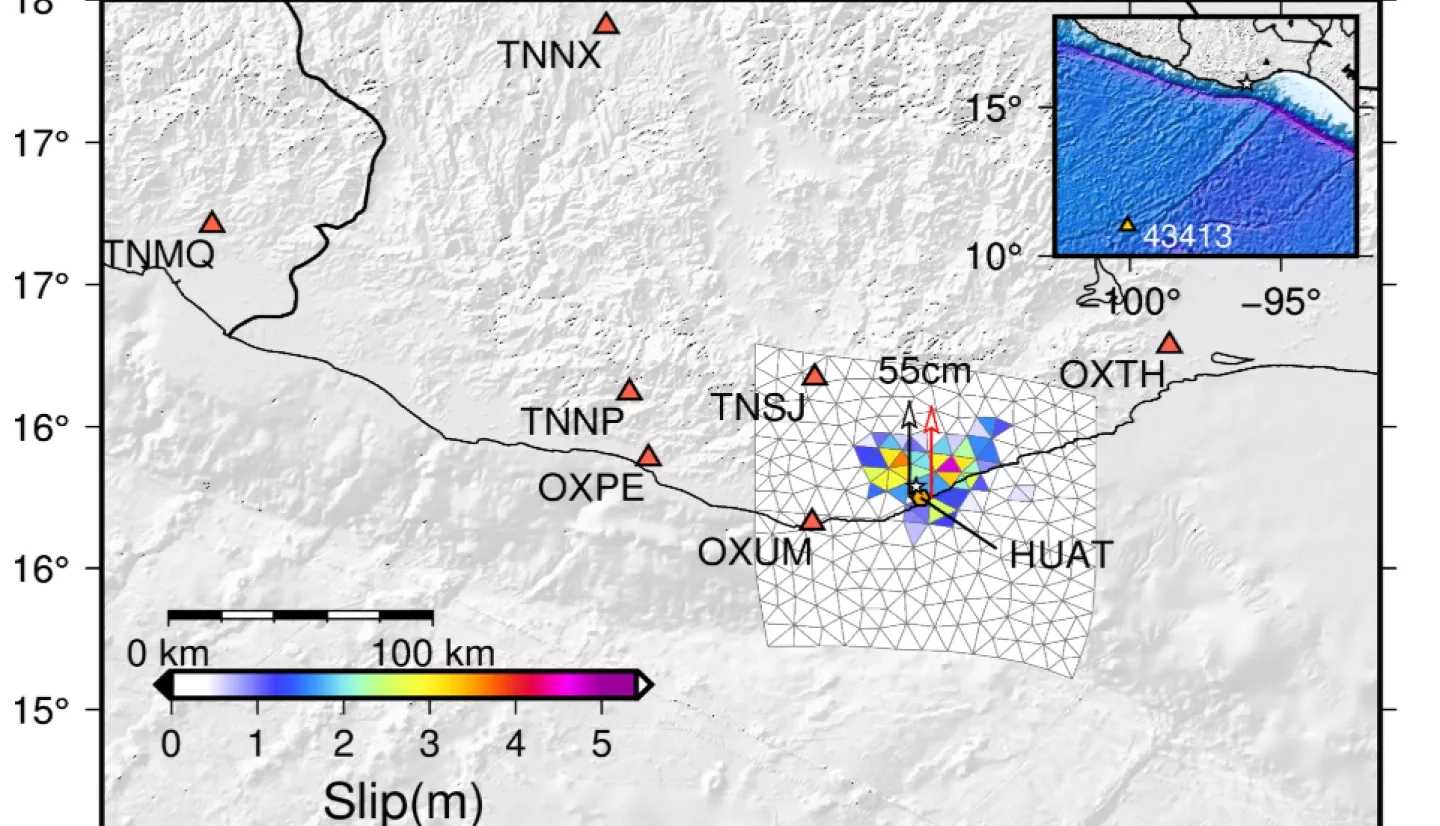This slip model of the earthquake based on high-rate GNSS data from the TLALOCNet network in Mexico shows the amount of motion at the fault interface during the earthquake. The data were processed by the University of Washington using the TRACK software. Credit: NASA, Diego Melgar
