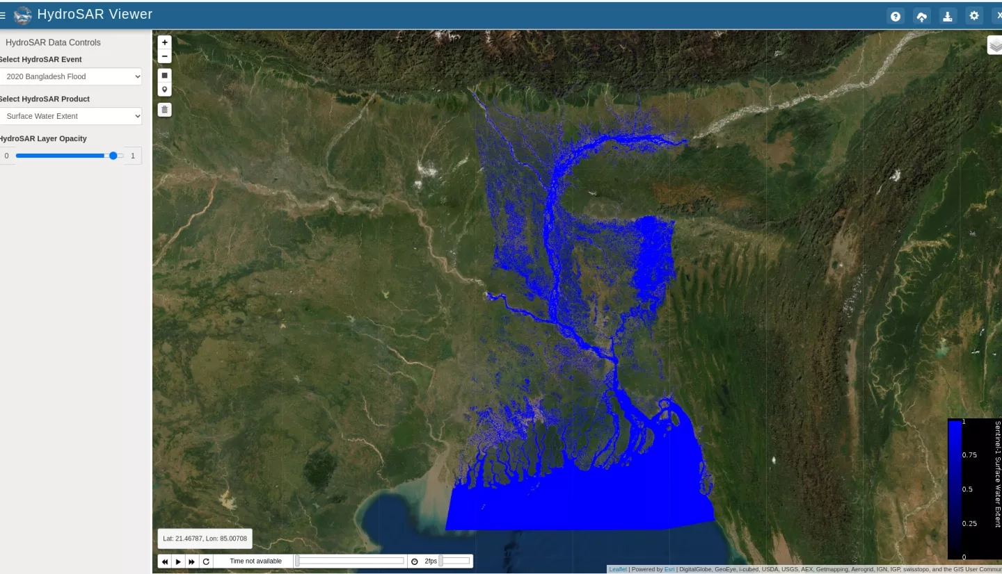 Screenshot from the HydroSAR Viewer GEOGloWS Hackathon App