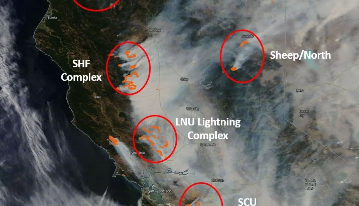 Active fires and smoke in California from MISR, August 2020