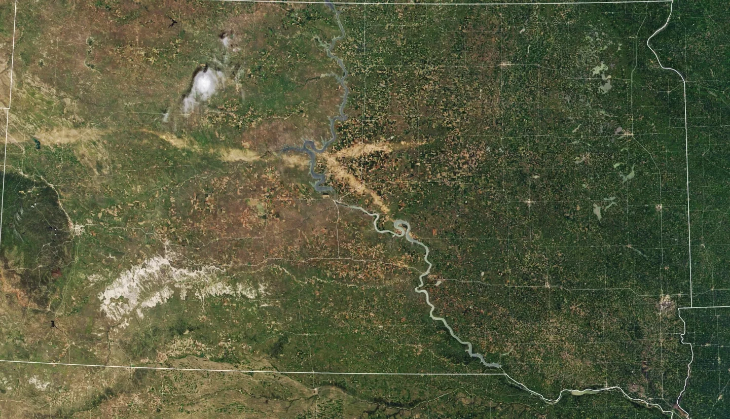 Satellite image showing the scar of hail across South Dakota in 2018