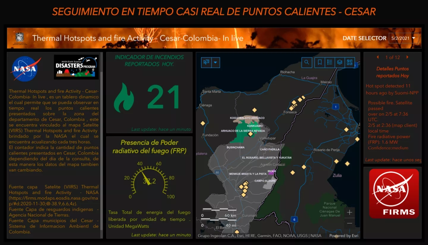Screen image of Early Fire Alerts Systems showing a map with thermal hotspot
