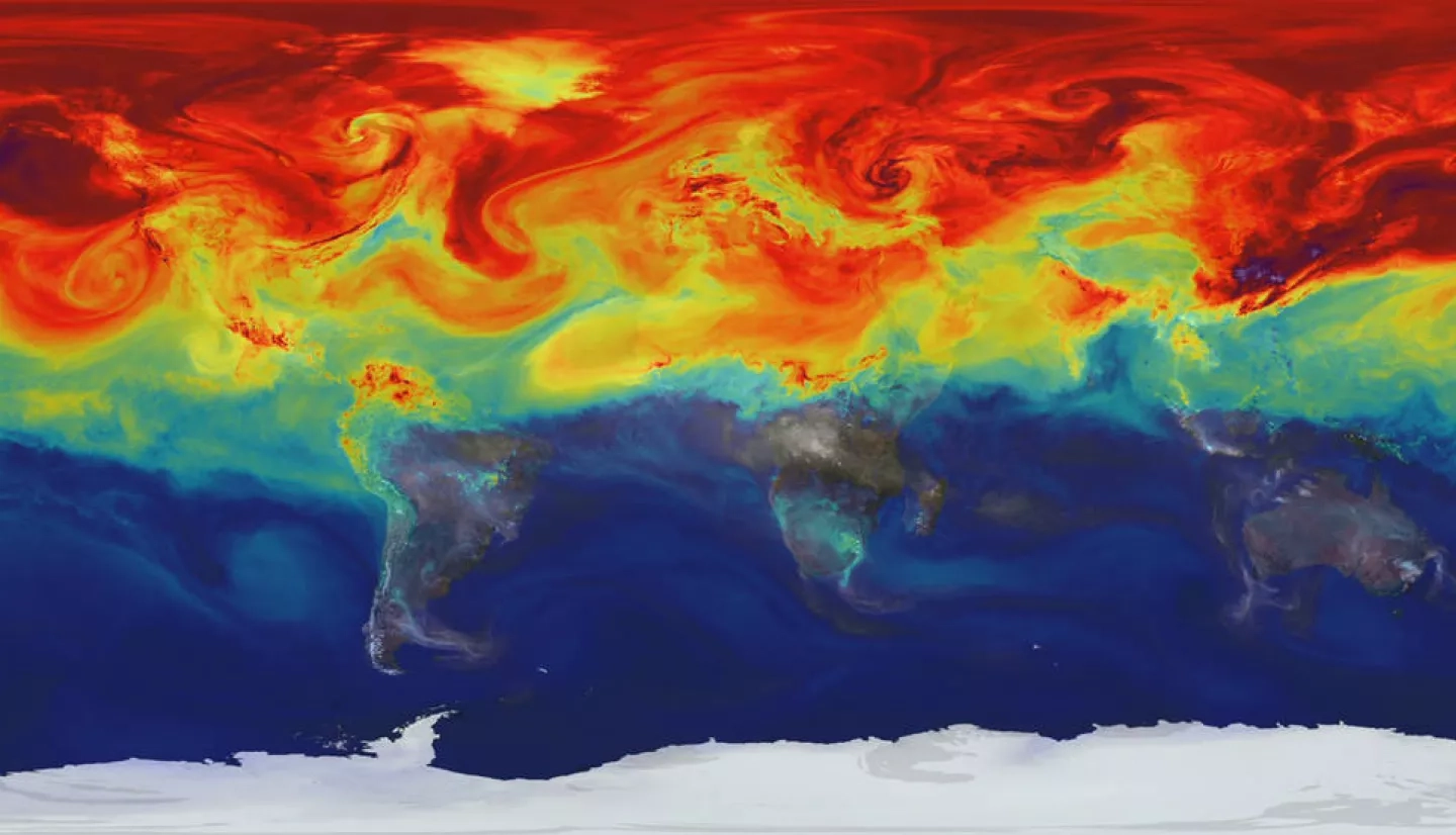 NASA supercomputer model shows how greenhouse gases like carbon dioxide (CO2) – a key driver of global warming – fluctuate in Earth’s atmosphere throughout the year. Higher concentrations are shown in red. Credits: NASA’s Scientific Visualization Studio / NASA’s Global Modeling and Assimilation Office