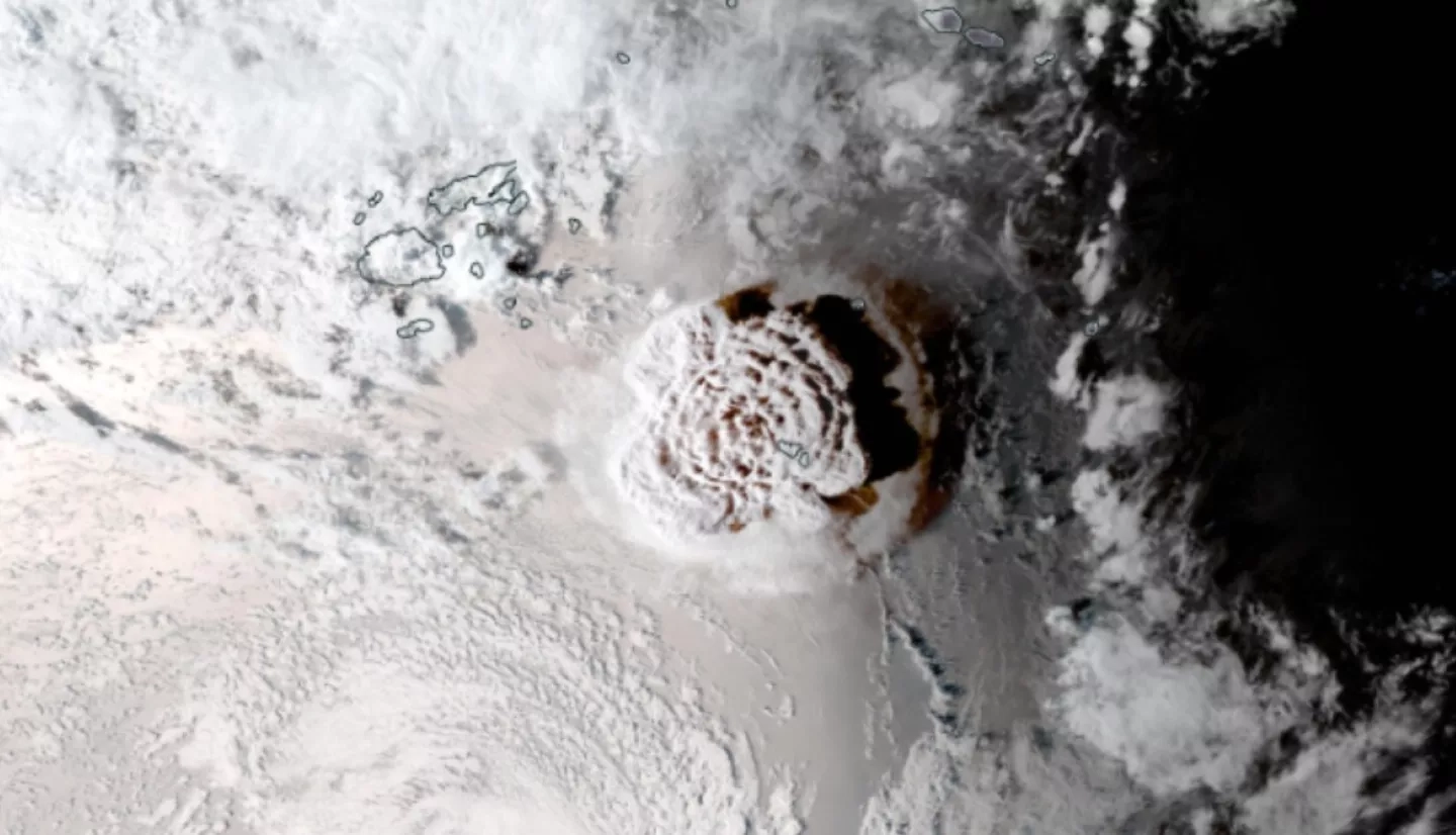 GOES West satellite image of the Jan. 15, 2022, Tonga eruption. 