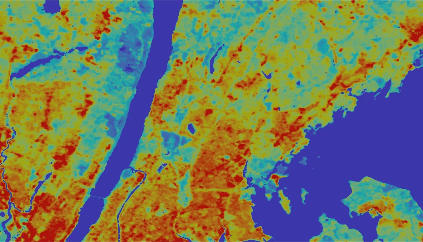 Median day time Land Surface Temperature (LST) calculated using June – September 2016 – 2021 thermal imagery from Landsat 8 TIRS. Displayed is the city of Yonkers, located in Westchester County, directly north of the Bronx in New York City and right of the Hudson River. Shades of yellow–red indicate high LST. Green–teal shades indicate cooler LST. Solid purple represents water bodies. Focusing on yellow-red areas allows the city of Yonkers to prioritize heat mitigation strategies.