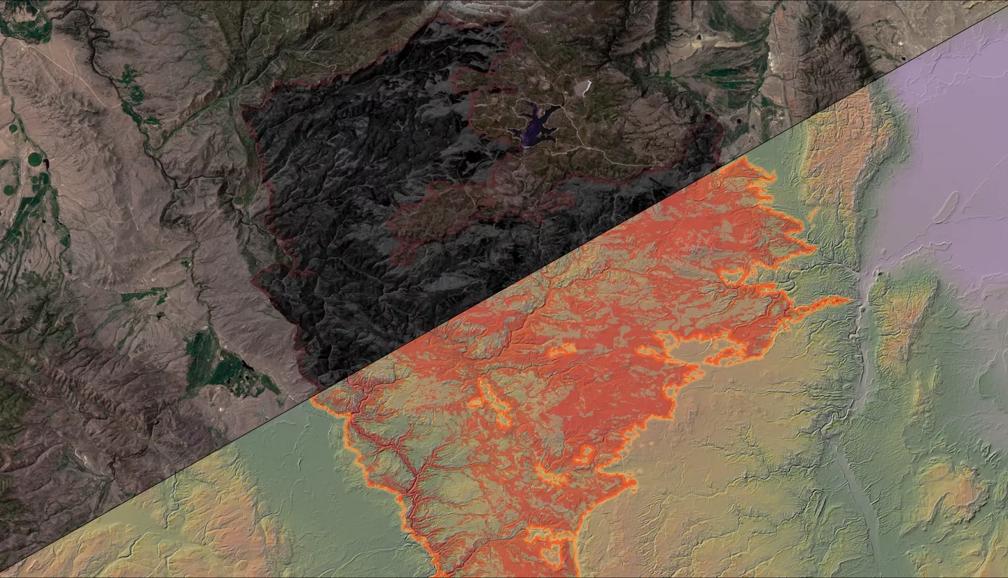 In September 2020, the Mullen fire burned 176,000 Acres in Medicine-bow National Forest, WY. Sentinel-2 true color imagery with a difference normalized burn ratio from June 2021 shows different levels of burn severity (left). Black indicates areas of high severity, while grey represents lower severity. A NASA SRTM digital elevation model and cartographic elevation map overlays a post-fire cheatgrass detection layer (right).