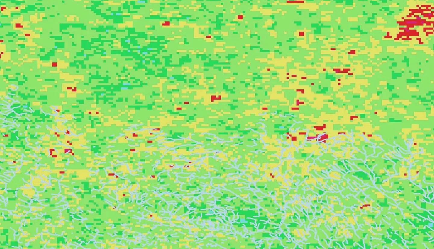 Temperature anomalies for 2020 were derived from Terra MODIS Daily Land Surface Temperature (LST) data and compared to the 20-year average (2000 – 2020) in Maine. Shown is an enlarged subset of Maine. Stream vectors are represented in light blue. Blue pixels represent decreases in LST (cooler temperatures), green pixels represent areas of neutral change (average temperatures), while red and yellow pixels represent increases in LST (the highest temperatures). 