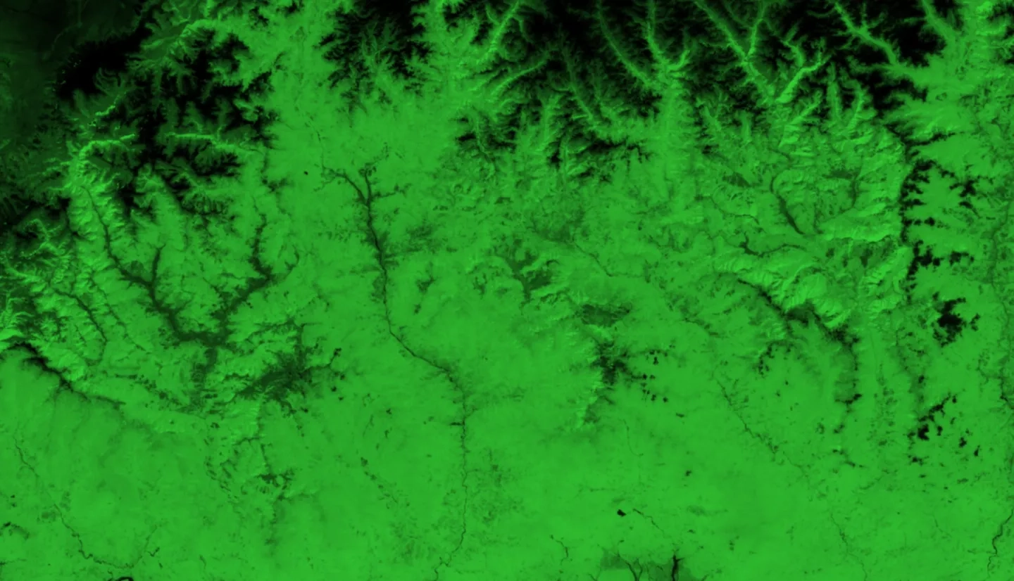 NDVI-processed imagery using Landsat 8 OLI data from June 1 to November 31, 2021. Showing Punakha, Bhutan, vegetative areas are represented by green while black depicts non-vegetative areas. Bhutan is located in the Himalayas with altitude ranging from 550 ft. to 23,000 ft., resulting in vast diversity of both ecosystem and agricultural products. Examining vegetation area help in developing a crop mask and remotely sensed data collection protocol for rice in Bhutan.  