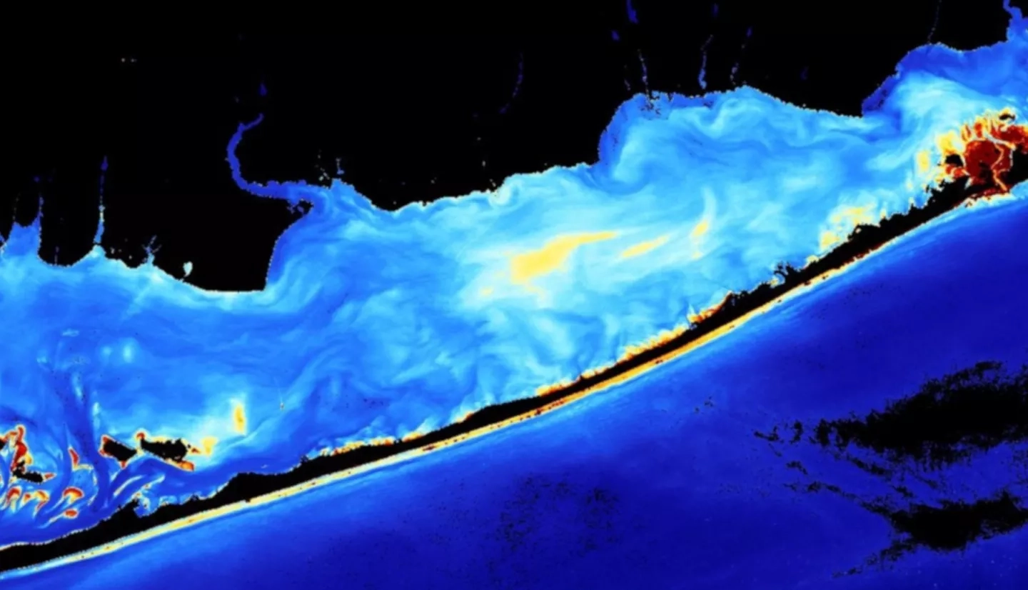 Processed imagery using 2020 Landsat 8 OLI data showing turbidity. Fire Island, a barrier island located in New York, is displayed on January 21, 2020. Shades of red indicates more turbidity and shades of blue indicate less turbidity, while black indicates land. Lower turbidity indicates areas with less sediment movement. 