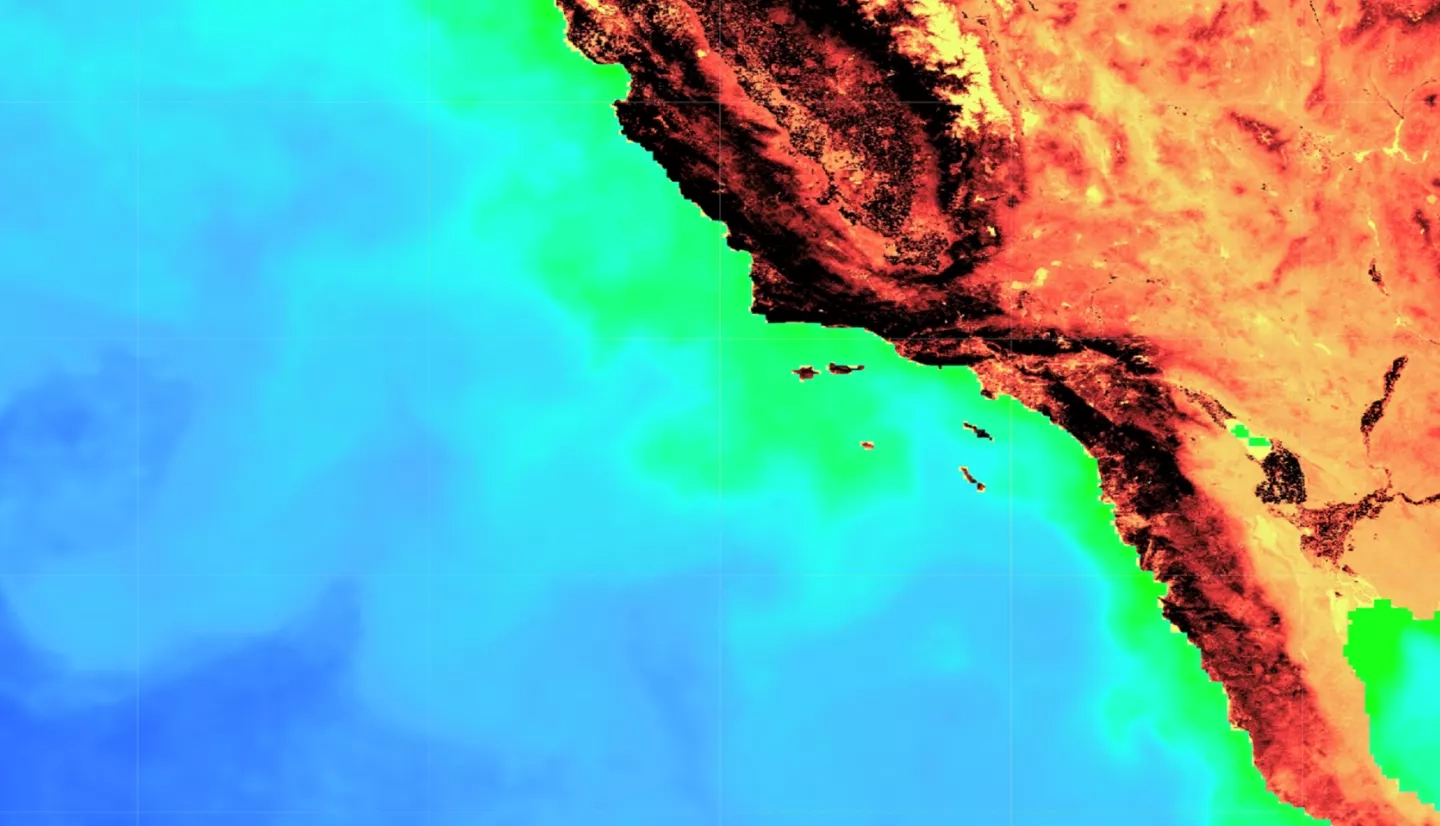This image depicts chlorophyll-a concentrations along the Southern California Coast during a Harmful Algae Bloom, also known as a Red Tide Event. The ocean imagery was taken in April of 2020 by Aqua MODIS and used to generate chlorophyll-a concentration. The land imagery was taken by Sentinel-2 MSI during the same time period, and a Normalized Difference Chlorophyll Index was applied to it for visualization purposes. Blue and green indicates high and low chlorophyll-a concentrations, respectively. On land, 