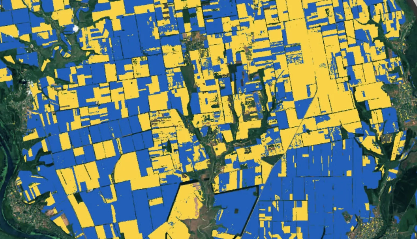 a blue and yellow colorized satellite image showing planted and planned crops in Ukraine