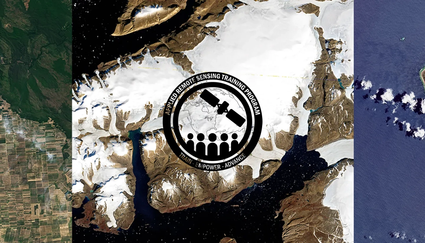 Pecora Webinar Header. A large black ARSET logo is set over three satellite images of an icy landscape, island chain, and green gridded landscape.