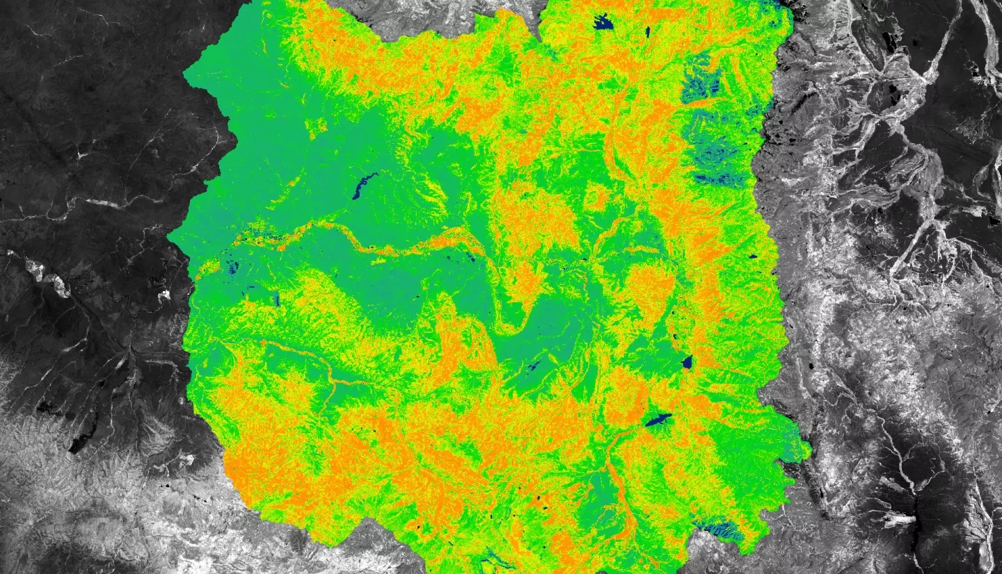 Normalized Difference Vegetation Index (NDVI) processed using Landsat 8 OLI from August 2021 for the Upper Yampa Watershed located in Northern Colorado. The concentrated orange areas represent high vegetation and chlorophyll-a presence while the deeper blue exhibits lower vegetation and chlorophyll-a values. NDVI calculations helped to inform water resource managers of the limitations associated with spectral indices when utilizing remote sensing tools to observe harmful algal blooms.​