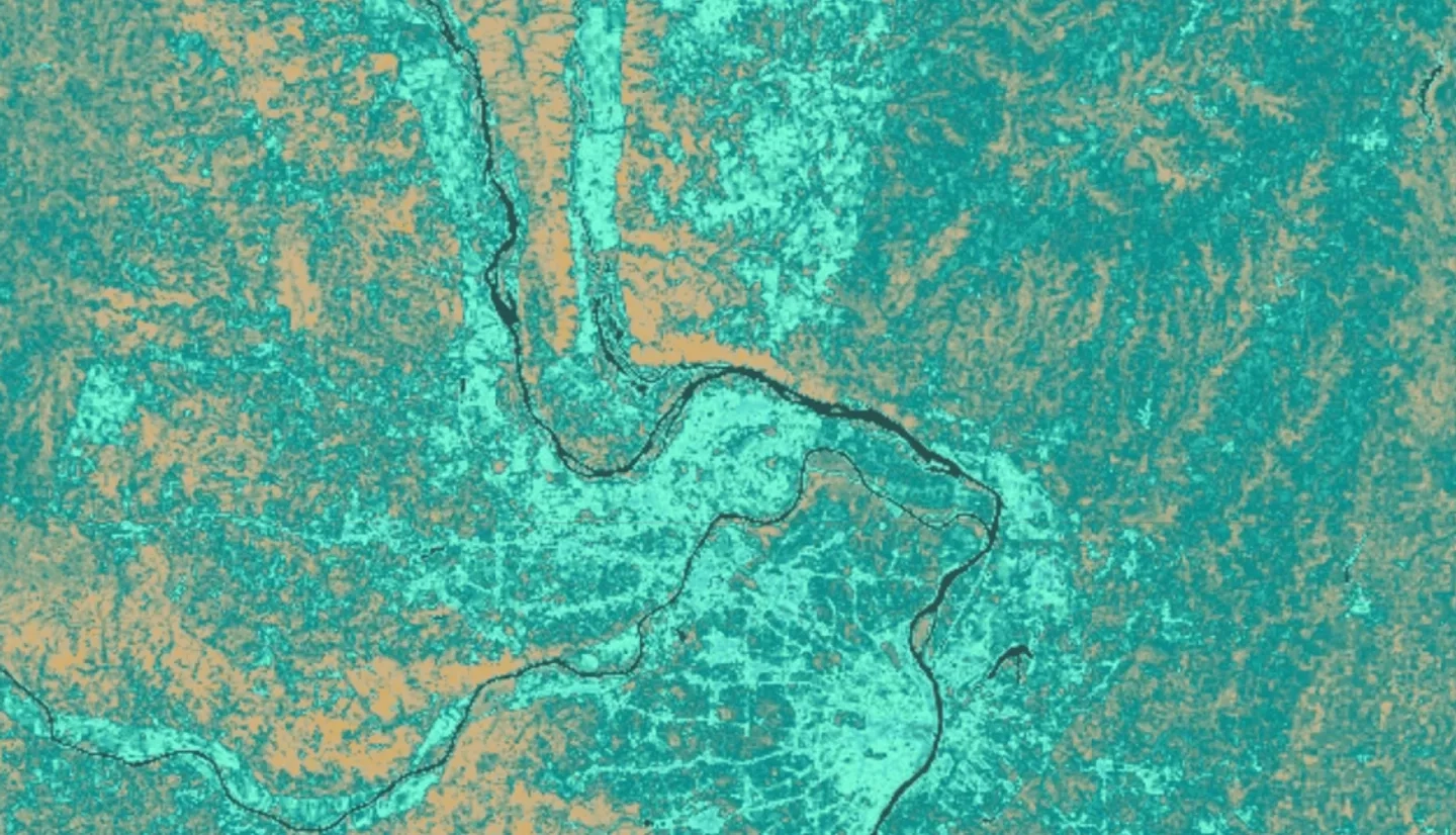 NDWI-processed composite image from Landsat 8 OLI data of the Lower Illinois River Valley and surrounding landscapes from summer 2021. Shades of pale yellow indicate dry vegetation, dark teal represents open water, and brighter turquoise depicts wet vegetation. Areas of high NDWI values are demonstrative of the high presence of wet vegetation and are of interest to the Great Rivers Land Trust in identifying areas of interest for wetland conservation.
