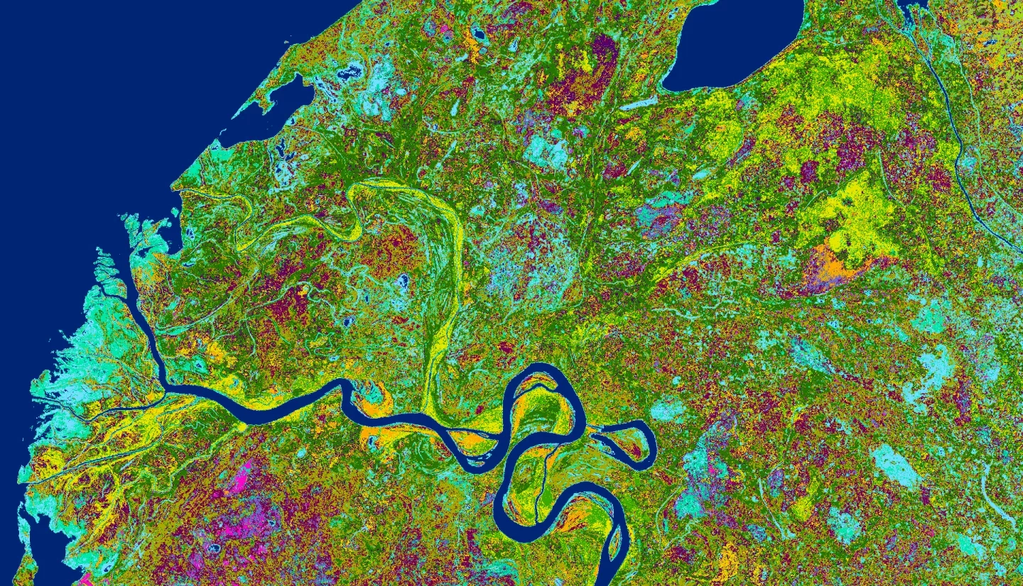 Enhanced Wetland Classification of the Slave River Delta, NWT, Canada, using Landsat 8 OLI imagery from June through August 2021. Most of the colors represent different categories of wetlands. Many of the darker green areas represent areas where wetlands have transitioned to dryer forests or shrubs in recent decades.
