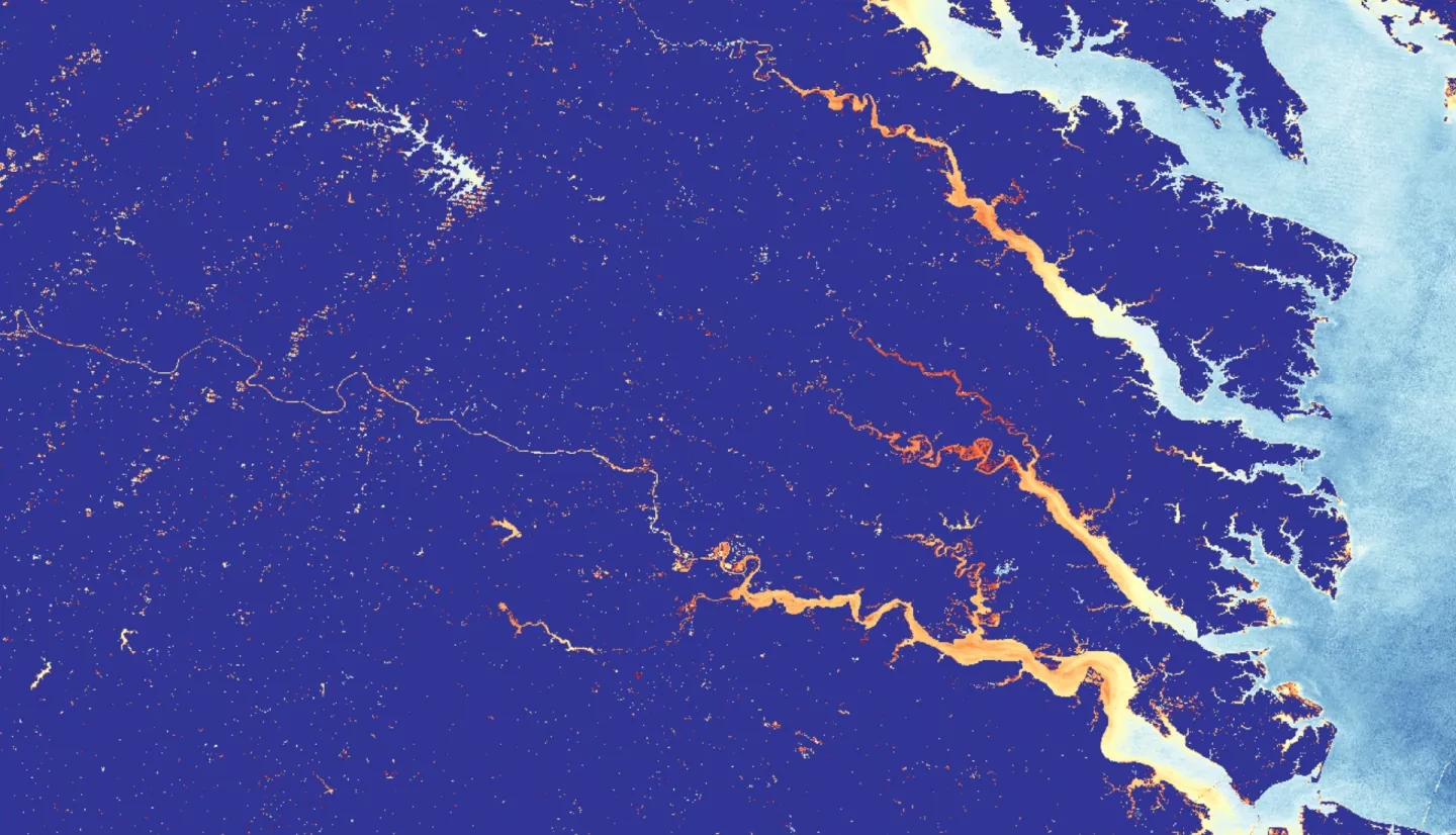 This image of the Chesapeake Bay is derived from NASA Landsat 7 ETM+ and Landsat 8 OLI imagery. It represents the median Normalized Difference Turbidity Index (NDTI) turbidity levels from January 2020 through June 2022.&nbsp;Yellow and orange areas indicate higher turbidity levels.&nbsp;This imagery can be used to determine areas of the bay in which turbidity poses a threat to water quality.