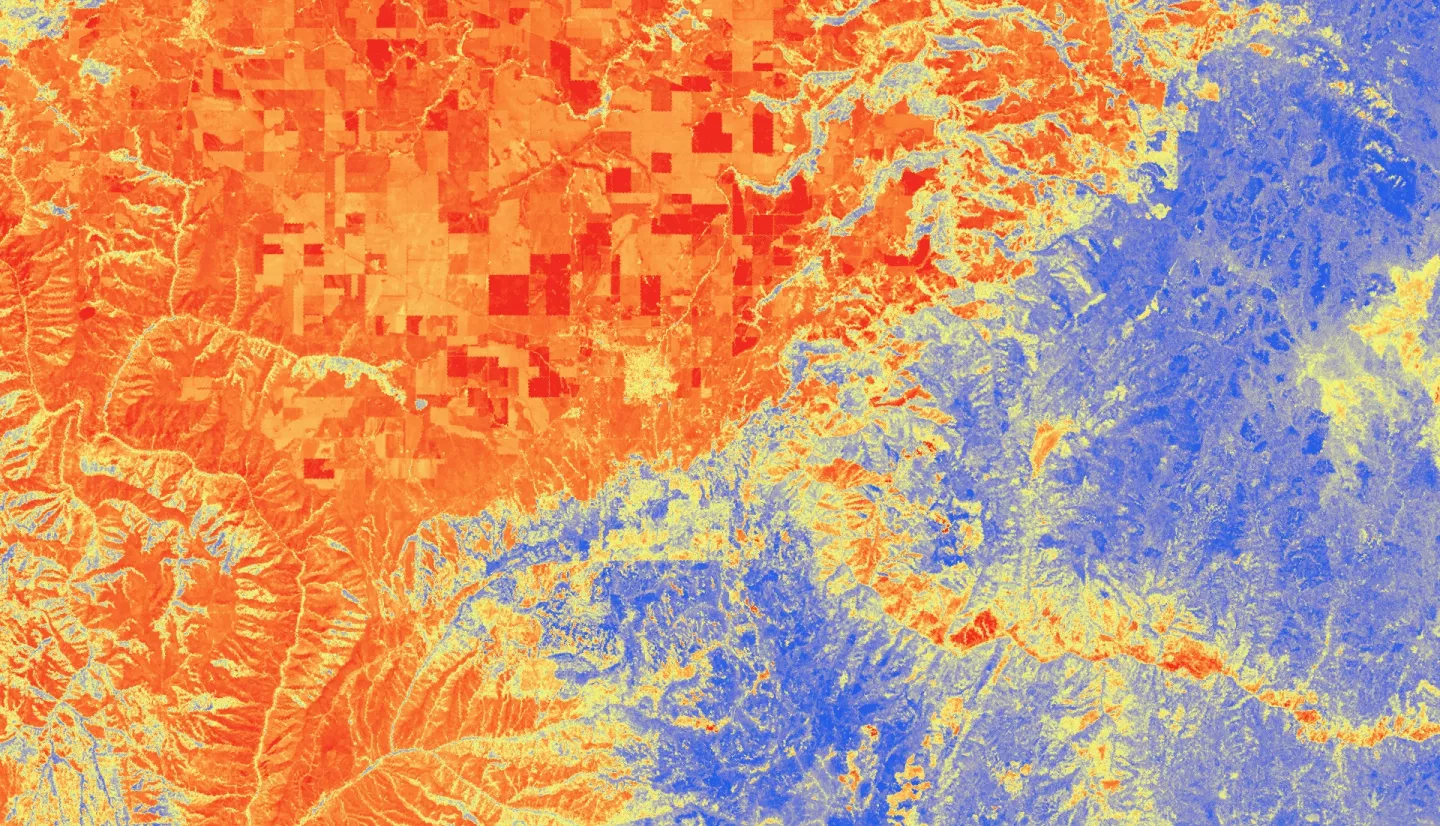 Median daily evapotranspiration (ET) from September 2021 to May 2022 calculated from ISS ECOSTRESS data. The image covers the agricultural fields adjacent to the Maipo River, Chile and depicts water stress. The color scale ranges from red (low ET) to blue (high ET), with higher ET observed over irrigated agricultural fields. ET is used for estimating crop irrigation requirements. This data will inform irrigation management practices and help alleviate water scarcity within the area. ​