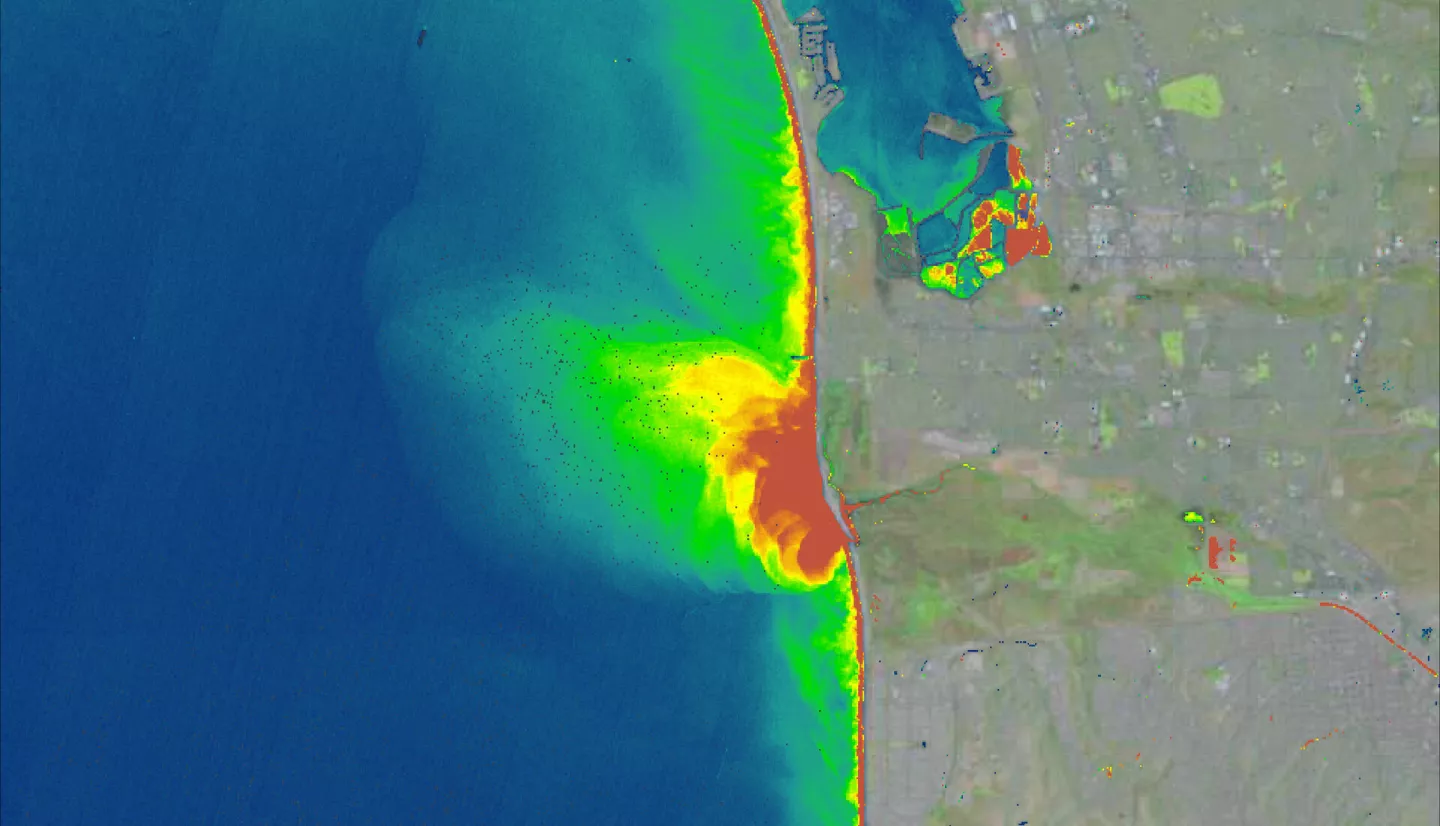Land cover imagery processed from Landsat 8 OLI and ocean turbidity data imagery processed from Sentinel-2 MSI. The Tijuana River stormwater plume off the San Diego coast was mapped from data collected on December 5th, 2019, while the land surface data was collected on April 4th, 2022. Shades of red indicate high turbidity values, while blue areas show normal turbidity values. Areas of high turbidity reflect high concentration of pollutants from stormwater runoff.​
