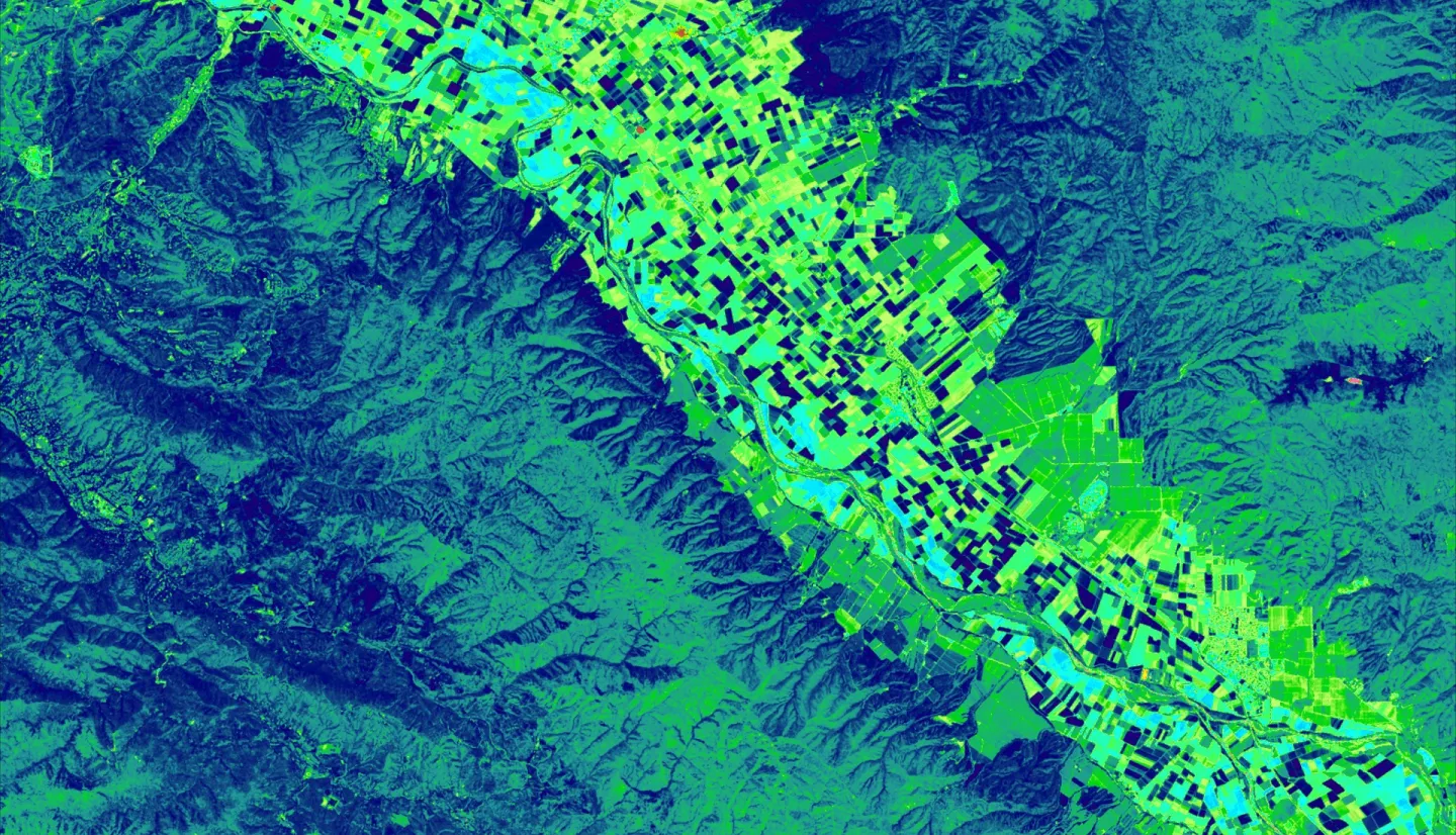 NDVI imagery derived from Landsat 8 OLI data. This imagery showing the California’s Carmel and Salinas Valleys within the surrounding Santa Lucia Mountain range was collected in the Spring of 2019 . Light green areas show the more developed, agriculturally intensive areas of the valley while the dark blue areas show the less developed hills. NDVI calculations were used in models of forest cover changes in the area over time.