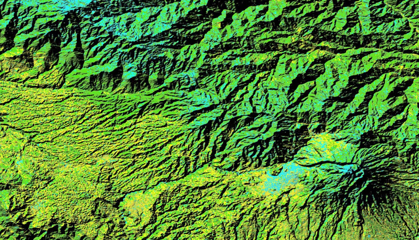 Forest/non-forest classification from 2022 Landsat 9 OLI-2 -derived imagery provided by NASA SERVIR. This image is of Volcan Baru in Panama. Green represents forest and blue represents agriculture and bare land. Yellow represents shrub, urban, wetland, plateaus, savanna, pastures, and pine. This forest/non-forest classification covers the entirety of the Mesoamerican Biological Corridor which provides valuable regional information to our partners.