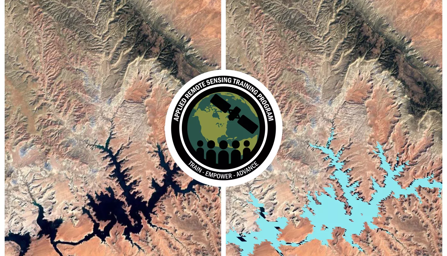Side-by-side image of Lake Powell with ARSET Logo