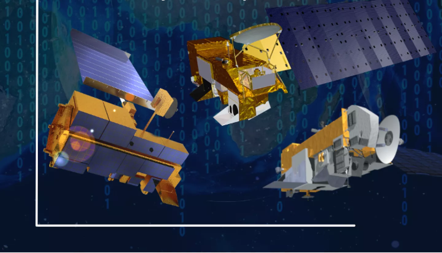 artists' renderings of three gold and gray colored satellites on a blue background with columns of zeros and ones as a reference to binary code