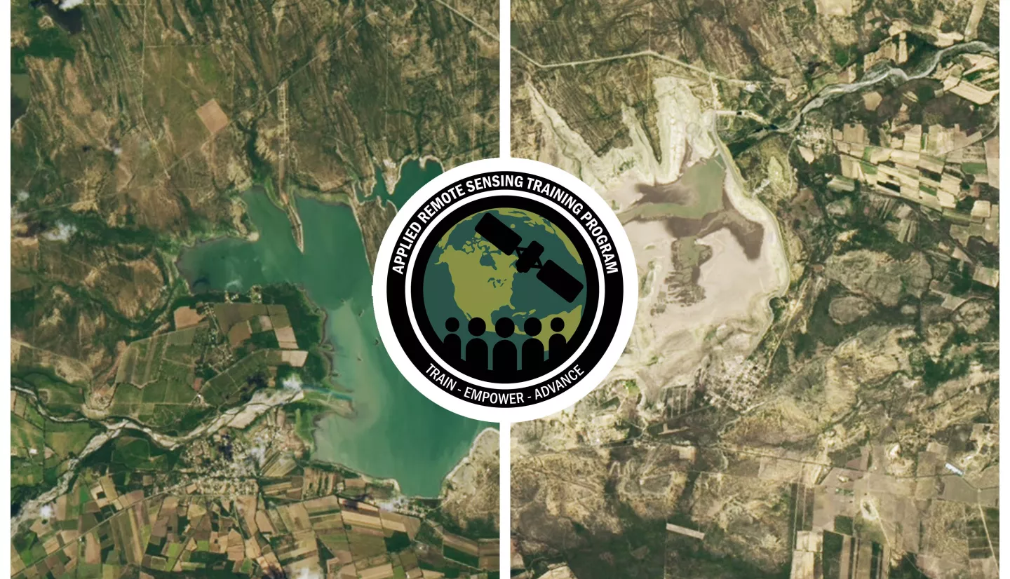 Satellite imagery of a reservoir in Mexico with the ARSET logo