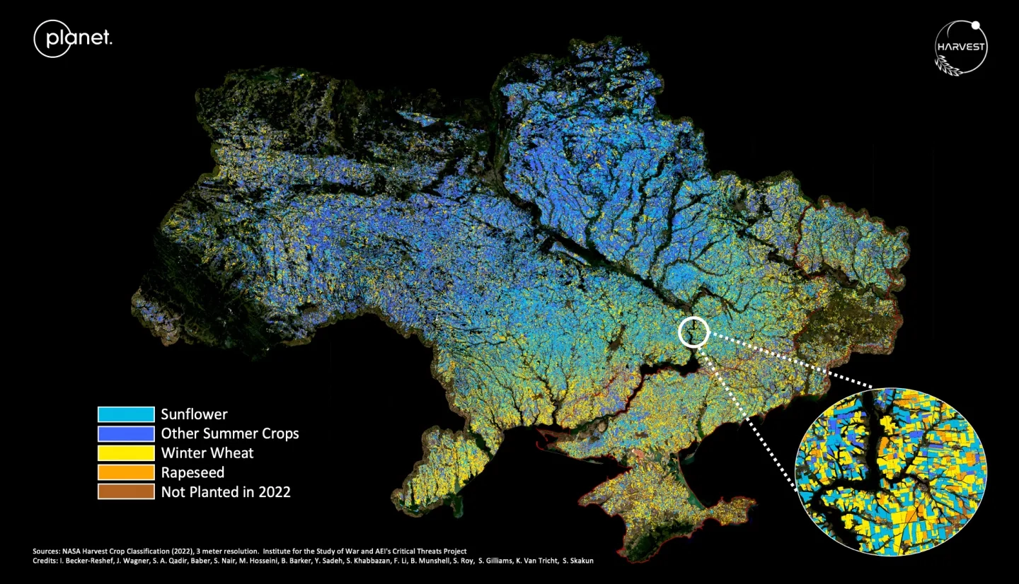Ukraine in October 2022 showing crops such as sunflower (light blue), winter wheat (yellow), rapeseed (orange) and other summer corps (dark blue). Credits: NASA Harvest