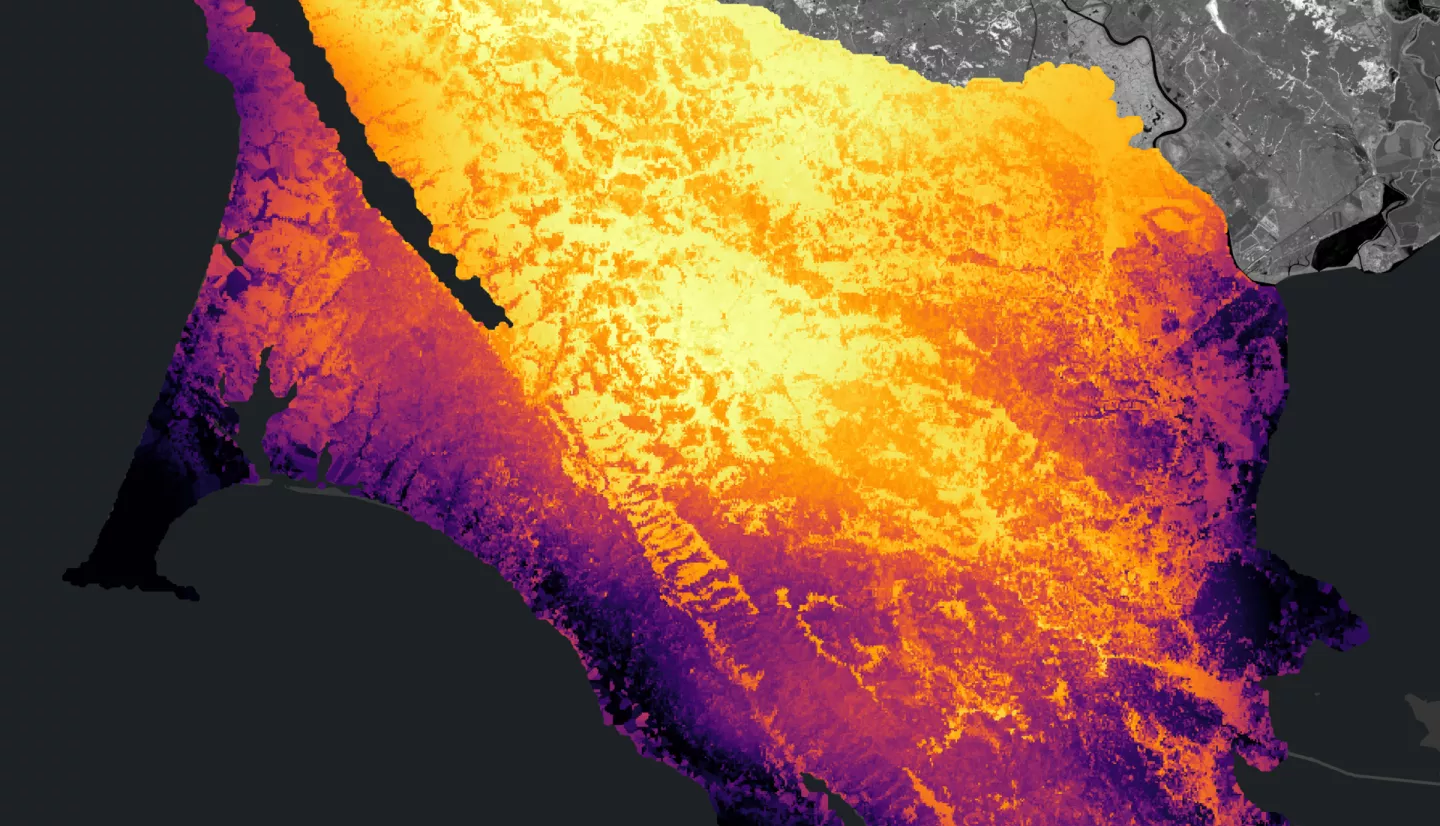Evaporative Stress Index (ESI) processed imagery from ECOSTRESS data, captured on October 4, 2021, for Marin County in the San Francisco Bay Area. Darker regions have a higher ESI value, signifying moister conditions, while lighter regions are drier. Vegetative moisture has a significant impact on fire severity and understanding localized moisture conditions can inform the county’s fire suppression efforts. Land outside of Marin County shows NDVI processed imagery derived from Sentinal-2A data.