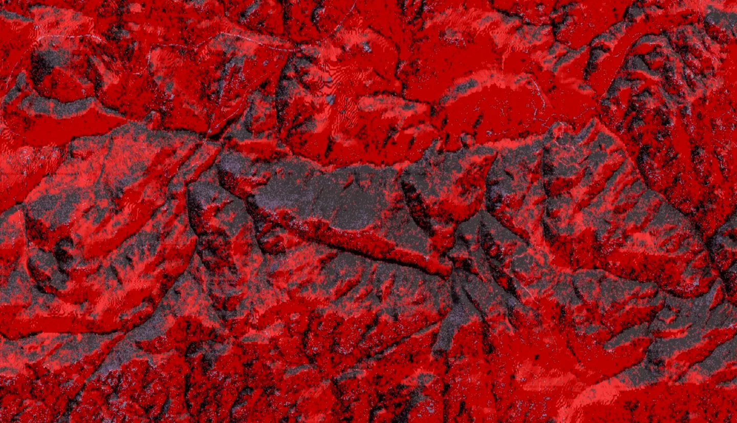 Canopy cover in the greater Ben Delatour Scout Ranch region from a 2013 NAIP Image with a slope and aspect layer derived from a 10-meter digital elevation model (DEM). This image illustrates how elevation-derived variables are used to inform classification models to map canopy cover. Canopy is displayed as red, and the map illustrates that there are higher concentrations of canopy on northern aspects- illustrating the nature of tree density in our study region. ​