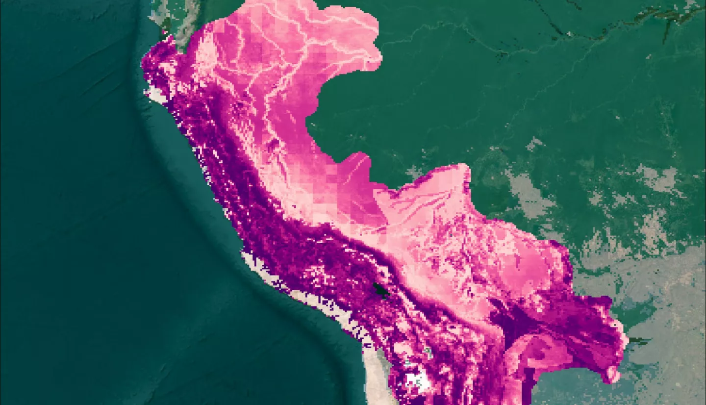 Soil organic carbon (SOC) is measured here for a depth of 0-5cm from Soil Moisture Active Passive from January 1, 2021 over Peru and Bolivia. SOC is visualized against combined MODIS landcover data for the year 2000 from Aqua and Terra. Shades of lighter pink indicate lower SOC content and darker shades of pink and purple indicate higher SOC content. Conservation International is interested in mapping areas of high SOC content for their conservation efforts.