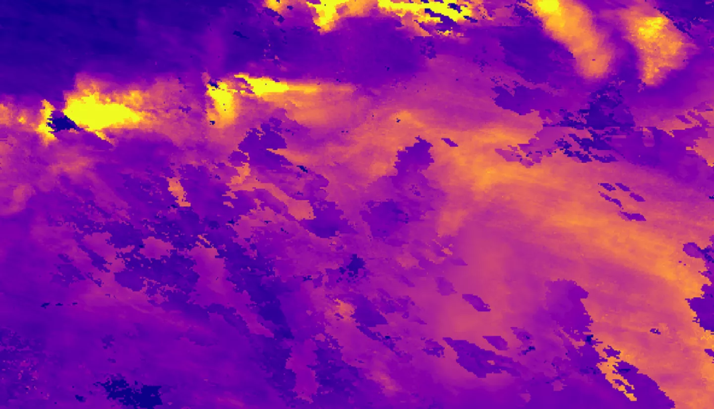 Aerosol optical depth concentration from MODIS, captured on August 16, 2020, during the fire season. Dark purples hues indicate normal atmospheric conditions, while orange and yellow hues show high concentrations of aerosols, suggesting the presence of smoke and particulate matter following a fire event. MODIS aerosol optical depth can be used as a proxy for PM2.5 pollution, increasing decision makers’ capacities to monitor and address the negative effects of wildfire smoke plumes on residential areas.