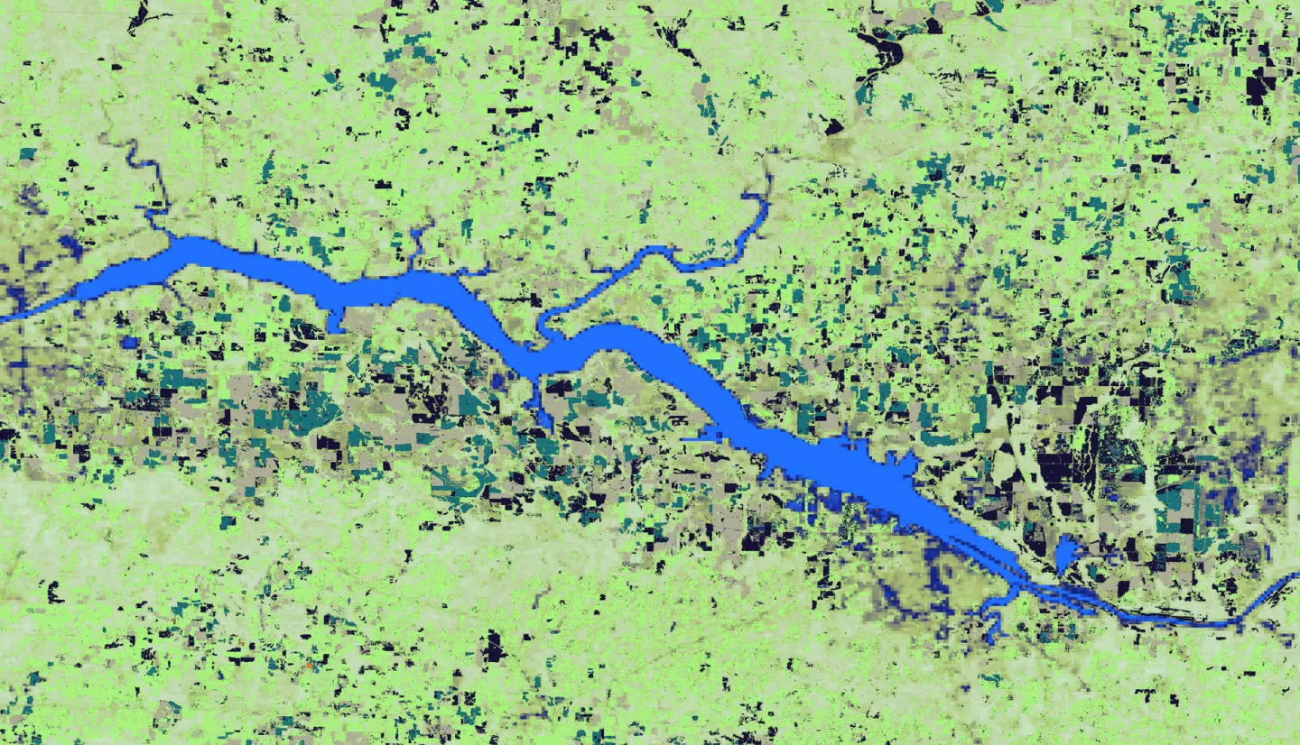 The data for this image comes from NASA satellite Landsat 8 Operational Land Imager. Normalized Difference Vegetation Index and Cropland Data Layers were used to create the image. The black, brown, and bright green specks represent the different crops growing near Wheeler Lake Watershed in North Alabama. NDVI and cropland data can be used to predict and evaluate the effects of flash drought on agricultural crops.