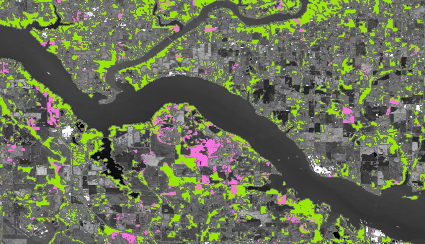 The green areas show stable forest in NW Alabama classified by both National Land Cover Dataset (2016-2019) and Landscape Change Monitoring System(2016-2021), and the pink areas are areas where forest cover loss was sensed by NLCD, LCMS, LandTrendr (2016-2021), and Global Forest Watch (2016-2021). These datasets and the basemap were made with Landsat 5 Thematic Mapper, Landsat 7 Enhanced Thematic Mapper Plus, and Landsat 8 Operational Land Imager.